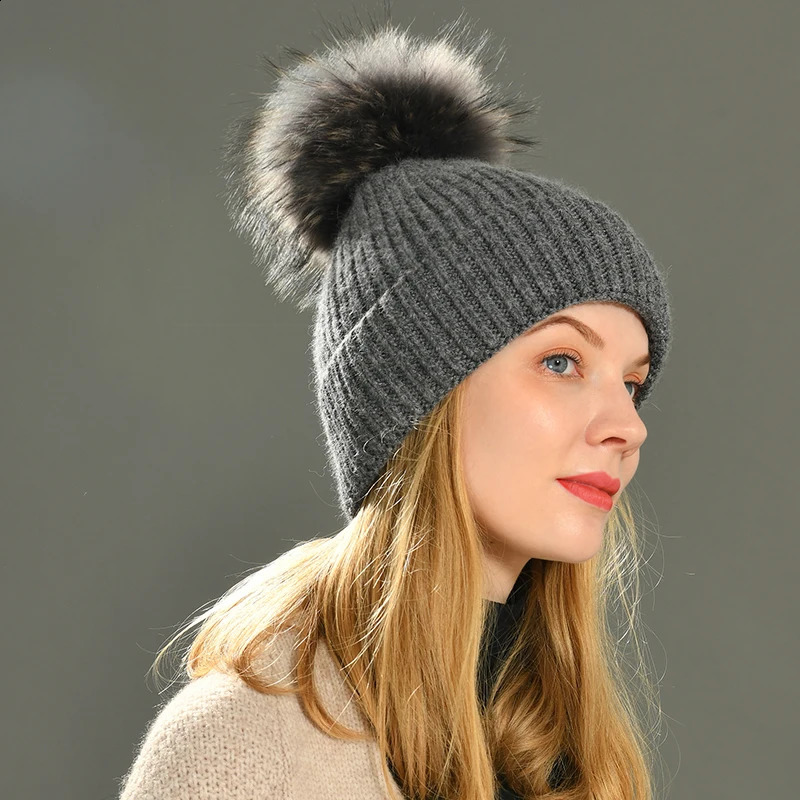 Jxwatcher Winter Hat Cashmere Knitted Beanie Big Real Fur Pom Beanie High Quality Girls Women Bonnet Winter Hats for Women 240910
