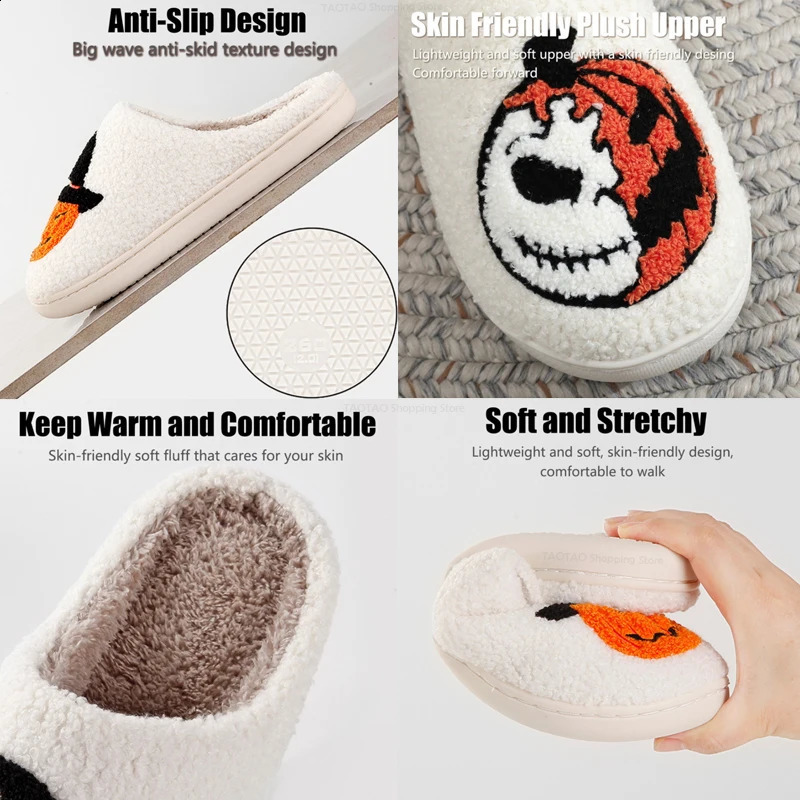 Cotton Fluffy Slippers Home Cartoon Pumpkin Platform Plush Slides Couple Funny Halloween Slipper Casual Shoes Women 240910