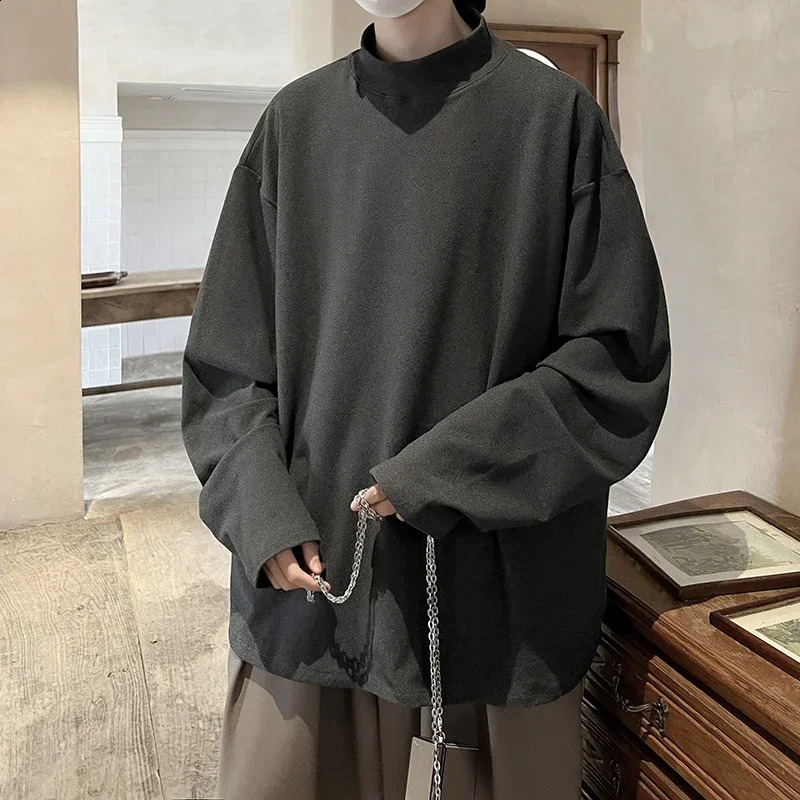 Autumn semi high neck solid color sportswear niche retro bottom shirt fashionable casual long sleeved mens clothing 240909