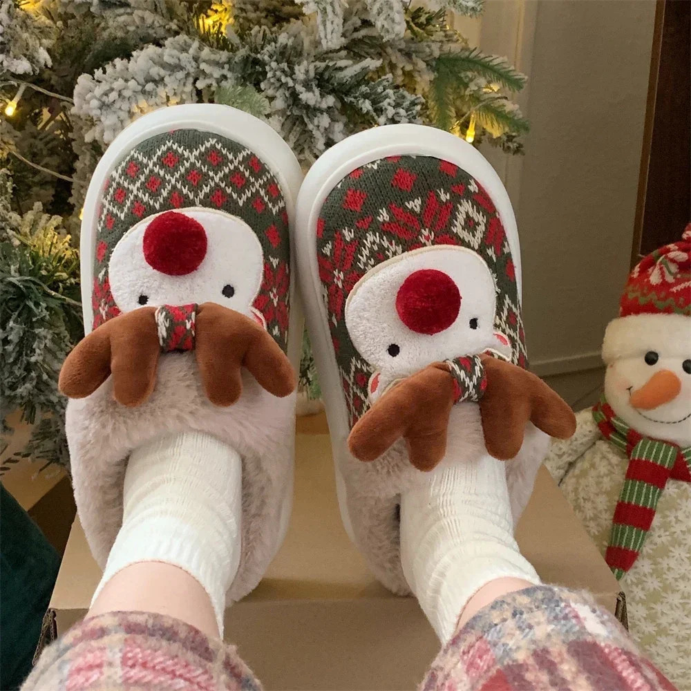 2024 Christmas Cotton Slippers For Woman Cute Cartoon Deer Anti-slip Indoor Home Floor Shoes Fashion Party Slides 241010