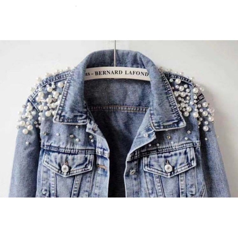 Spring and Autumn New Heavy Industry Beaded Denim Jacket Women's Short Long Sleeve Fashion Jacket Large Pearl Denim Jacket