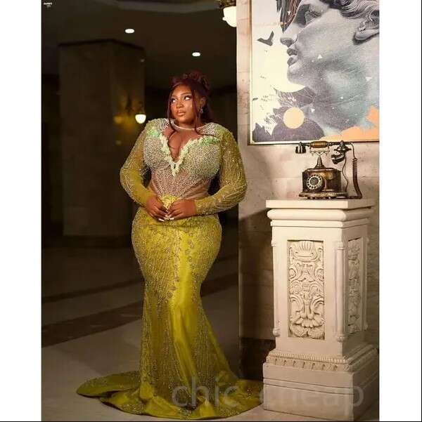 Gold May Aso Mermaid Ebi Prom Dress Beaded Sequined Lace Evening Formal Party Second Reception Birthday Engagement Gowns Dresses Robe De Soiree 0912