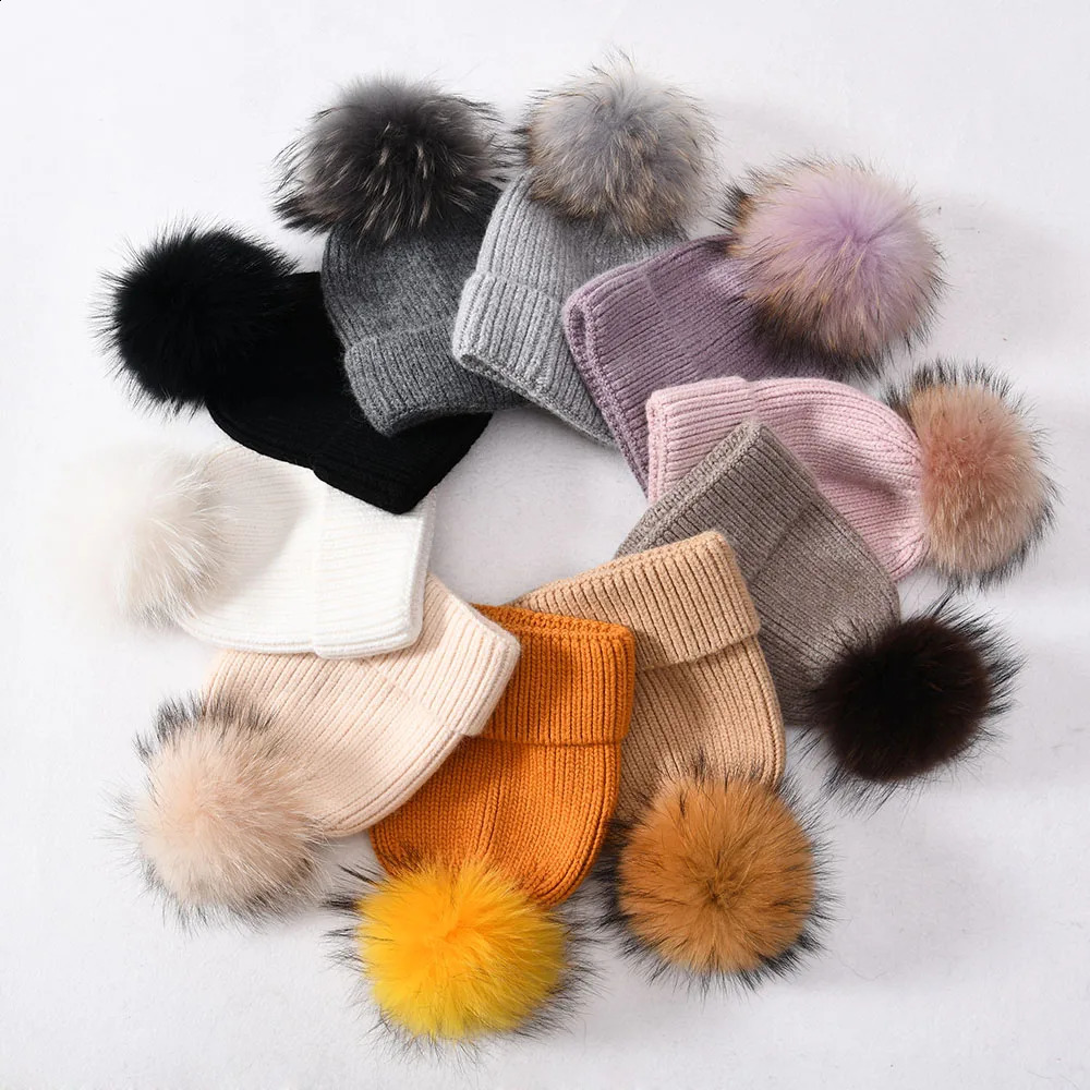Jxwatcher Winter Hat Cashmere Knitted Beanie Big Real Fur Pom Beanie High Quality Girls Women Bonnet Winter Hats for Women 240910