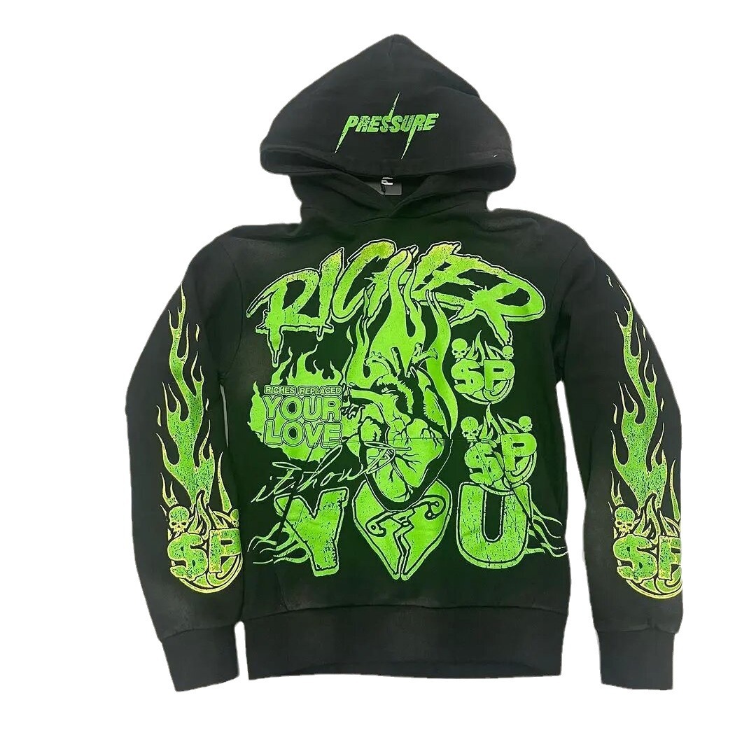 Autumn Sports Men's Fire and Letter Pattern Casual Hoodie Warm Stretch Cotton Sweatshirt Hoodie Y2K