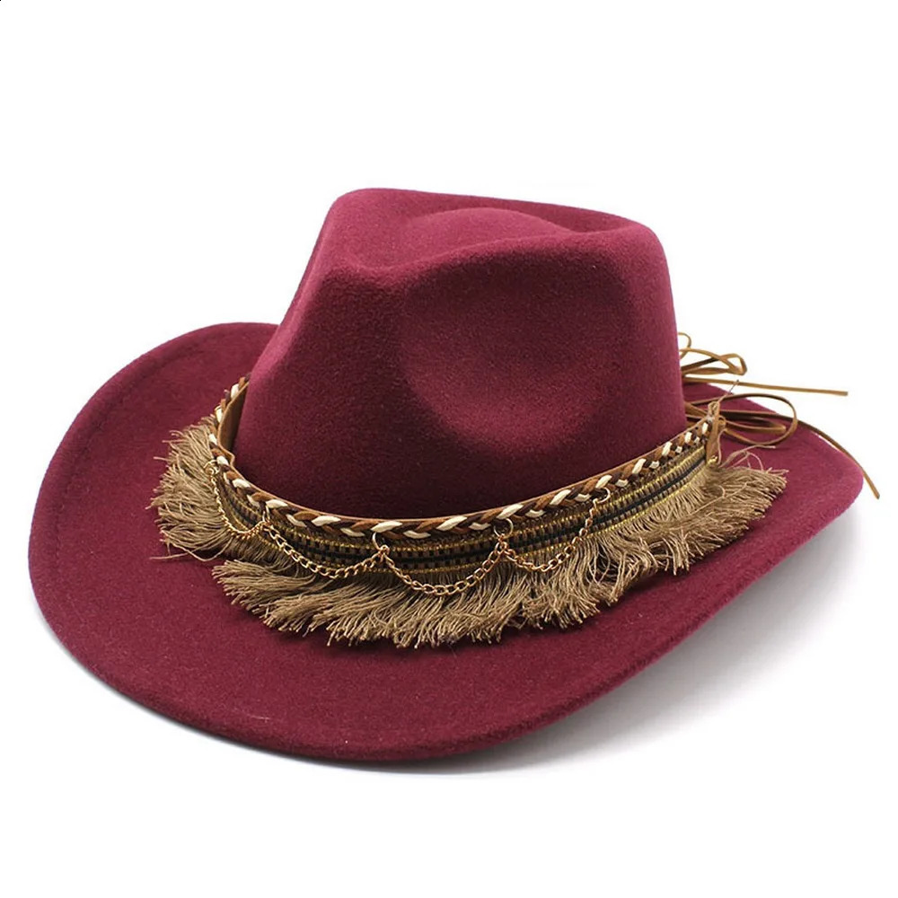 Womens and Mens Tassel Jazz Hat Wool 57-58cm Ethnic Style Curve Brim High Quality Cowboy Hat NZ0062 240909