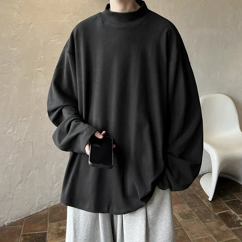 Autumn semi high neck solid color sportswear niche retro bottom shirt fashionable casual long sleeved mens clothing 240909