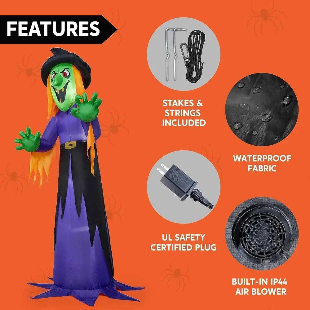 12 foot giant Halloween inflatable witch with built-in LED lights a hair blowing horror witch for outdoor decoration Halloween courtyardX240910