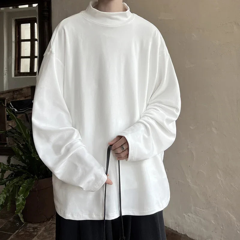 Autumn semi high neck solid color sportswear niche retro bottom shirt fashionable casual long sleeved mens clothing 240909