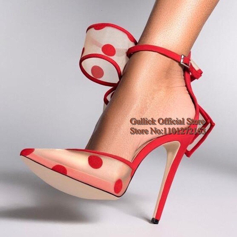 Polka Dot Butterfly High Heel Pumps Clear Mesh Pointed Toe Big Ankle Strap Hollow Thin Heels Women Banquet Shoes
