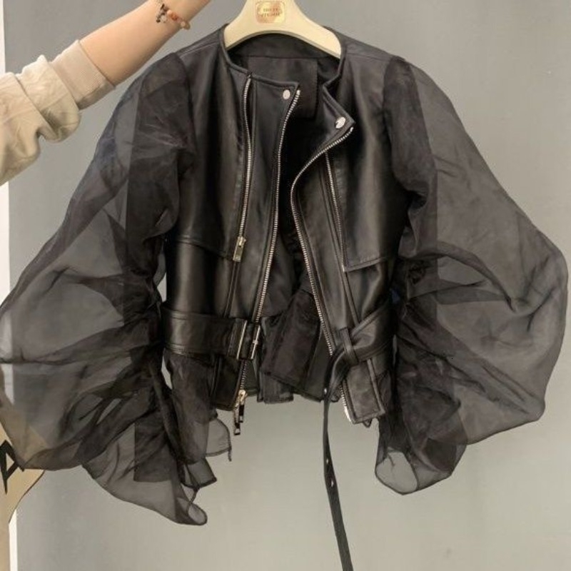 Short jacket womens Organza bubble sleeves ruffled fashionable leather jacket streetwear retro Y2k black artificial autumn 240909