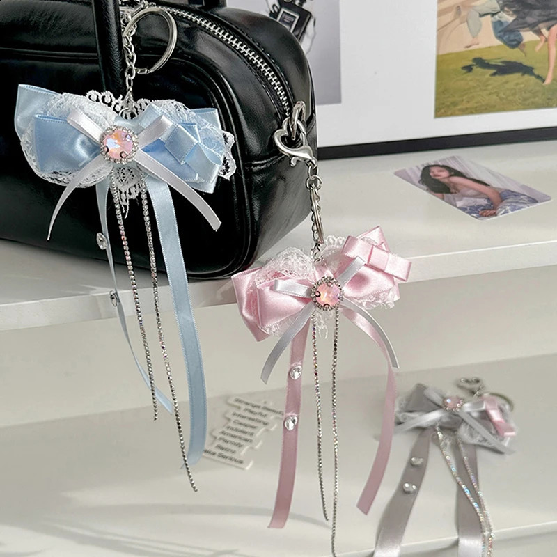 Korean lace bow keychain Kawaii sweet butterfly strap keychain girl bag pendant backpack charm friend gift ww 240914