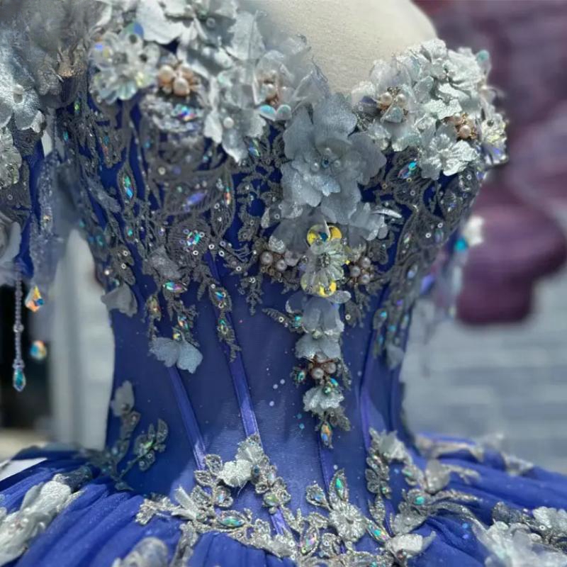 Blue Shiny Ball Gown Quinceanera Dresses Sparkly Off The Shoulder Appliques Lace 3D wers Beading Tull Sweet 16 Vestido De 15 Anos