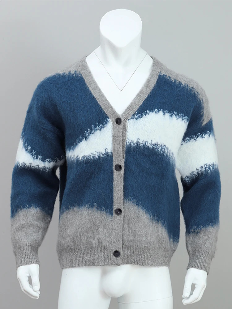 Fashion Tie Dye Cashmere Sweater Cardigan Man Long Sleeve Single Breasted Knitted Jacket Autumn Thicken Warm Woolen Coat 240909