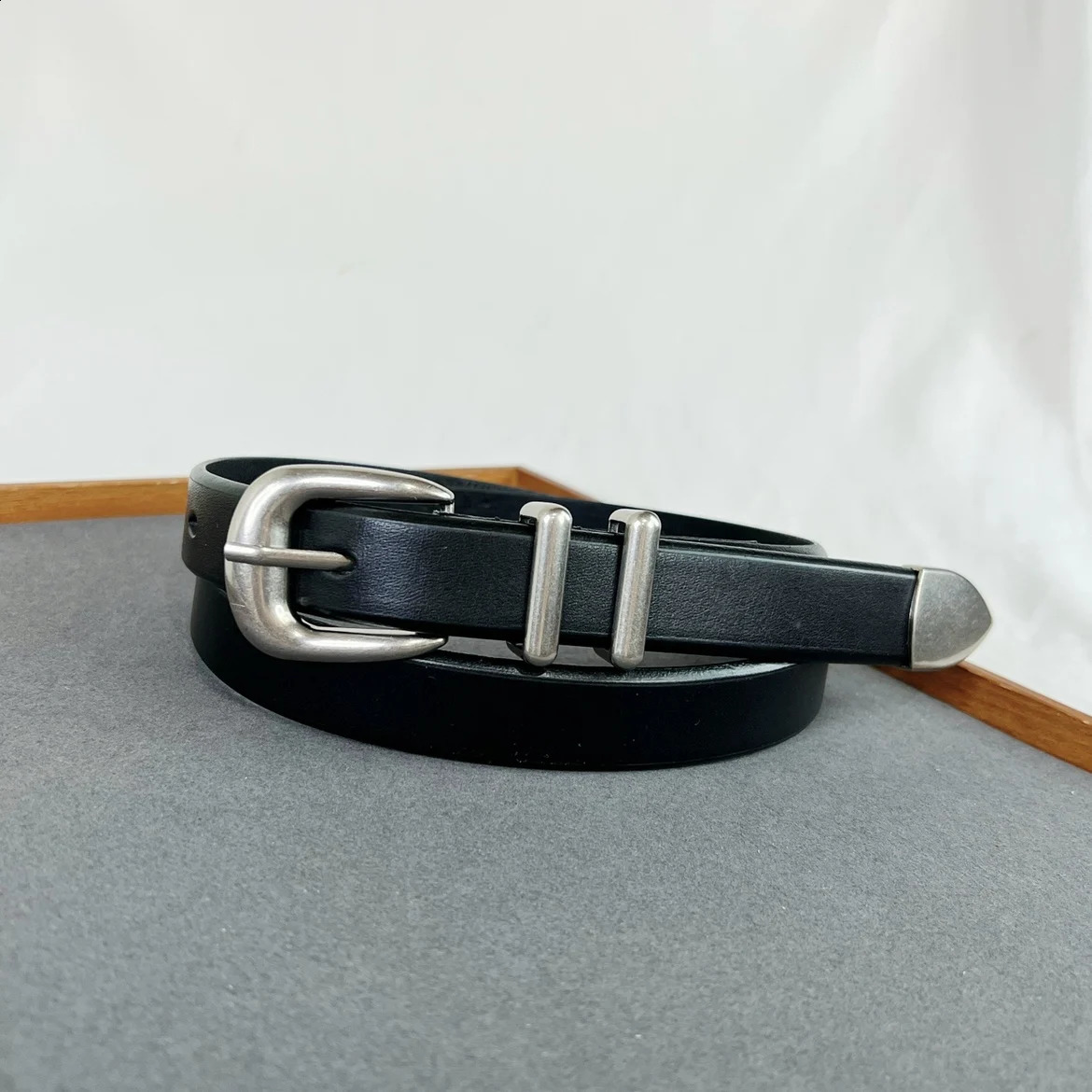 Womens Retro Silver Black Belt Leather Cowboy Buckle 240909