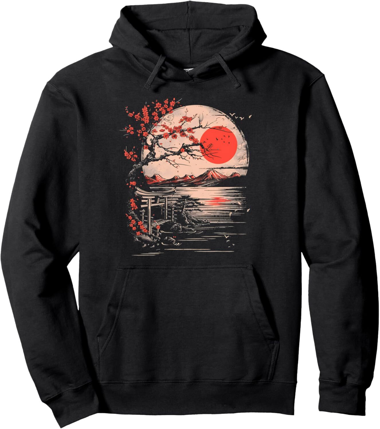Long Sleeve Shirts for Men sweatshirt Japanese Art Sunset Mountains Aesthetic Japan Blossom Tree Pullover Hoodie T shirt Tee Streetwear Casual tops cl