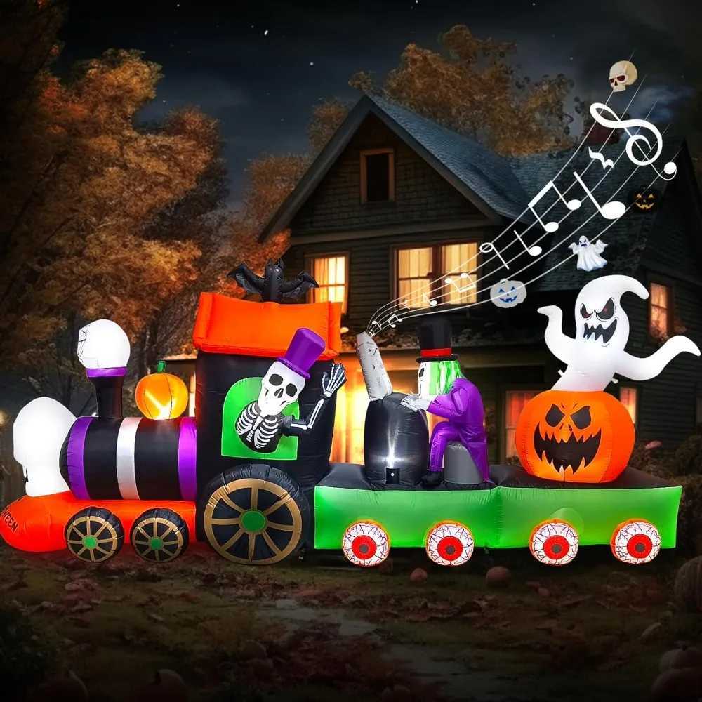 Halloween inflatable decoration blowing skeleton riding train ghost pumpkin with terrifying sounds built-in lights 13 feetX240910