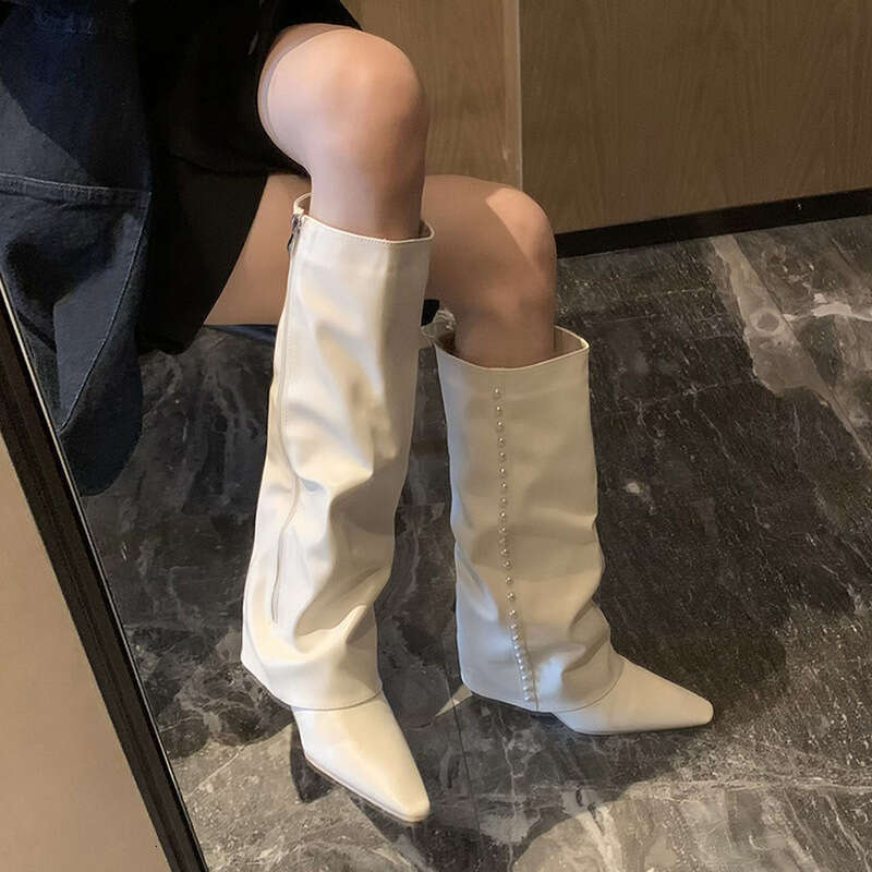 Designer Boot Show Off Skinny Legs White Leg Boots 2024 New Internet Celebrity Fat Pointed Slope Heel High Barrel Over Knee Long Tube Fashion Boots Fo
