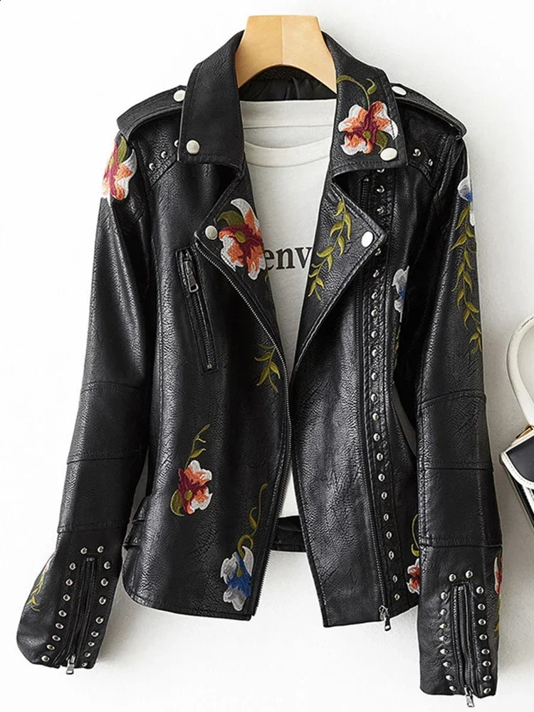 Kmetrom Womens Retro Flower Printed Embroidered Artificial Soft Leather Jacket with Turnkey Collar Pu Motorcycle Black Punk Coat 240909