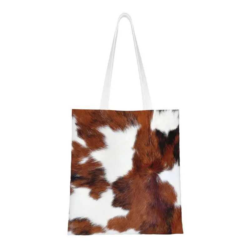 Spotted Brown Farm Animal Skin Grocery Tote Shopping Bags Cow Fur Cowhide Texture Printing Canvas Shoulder Shopper Bag Handbags Z240910