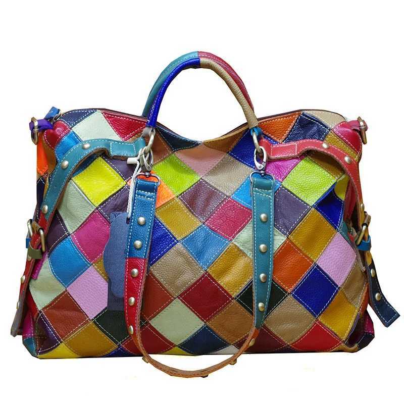 CMM Leather Cowhide Color Random Plaid National Style Handbag Shoulder Crossbody Bag Tote 240910