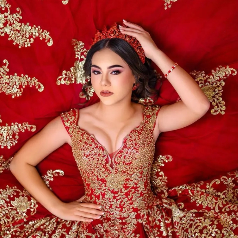 Red Pearls Beading Ruffles Quinceanera Dresses Ball Gown Gold Sequined Appliques Lace Sweet Birthday Party Vestido De 15 Anos