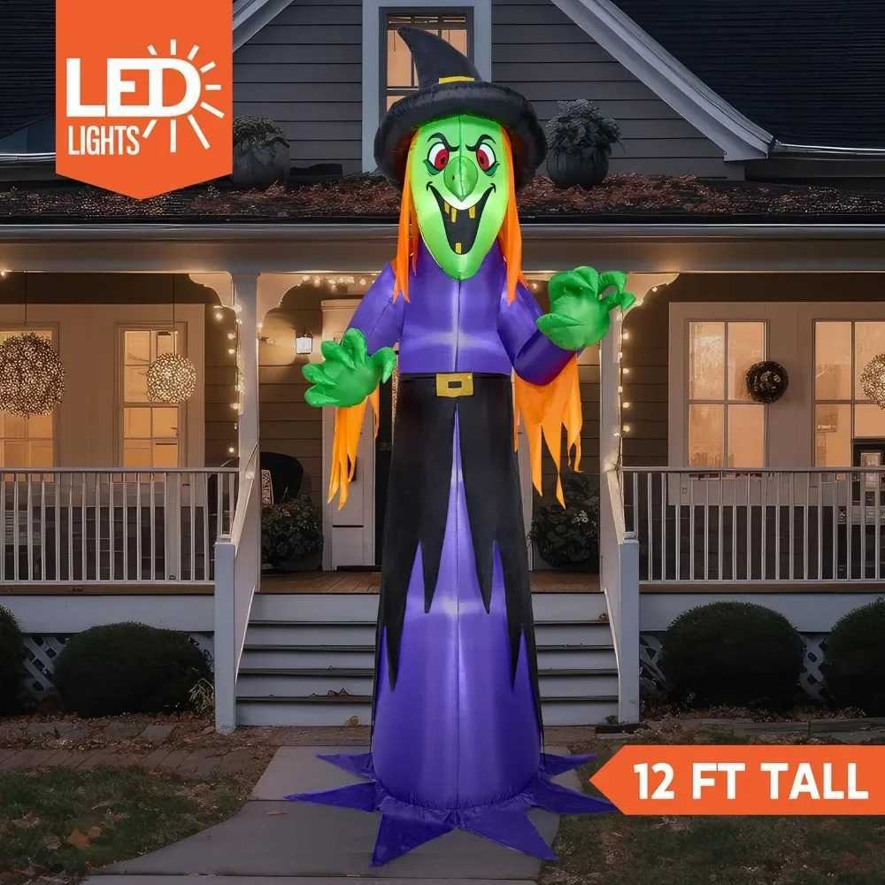 12 foot giant Halloween inflatable witch with built-in LED lights a hair blowing horror witch for outdoor decoration Halloween courtyardX240910