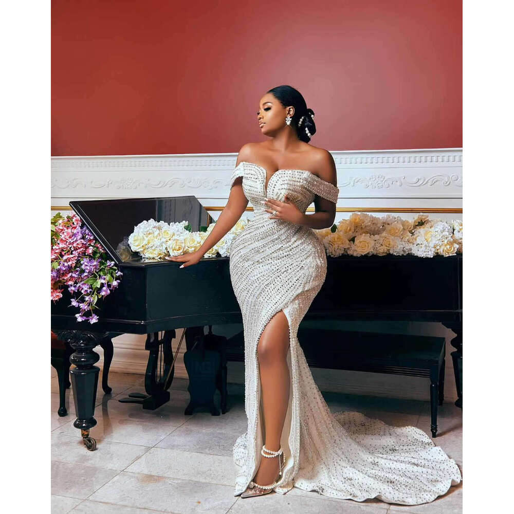 Mermaid Wedding Dresses Crystal Pearls Bridal Gowns with Detachable Train Side Split Custom Made Bride Dress