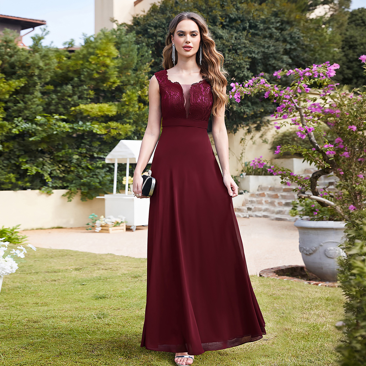 Elegnat Bury Dark Navy Evening Dresses Formal A E Sleeveless Lace Chiffon Women Prom Party Gowns Summer Bride Engagement Dress Cps724