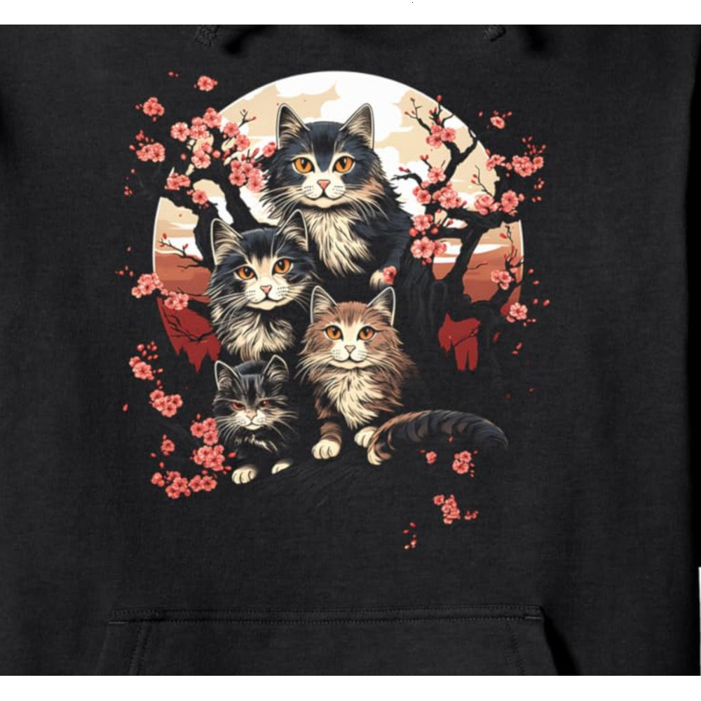 Long Sleeve Shirts for Men sweatshirt Japanese Cat Sakura Sunset Design For Cat Moms Pullover Hoodie T shirt Tee Streetwear Casual tops clothes