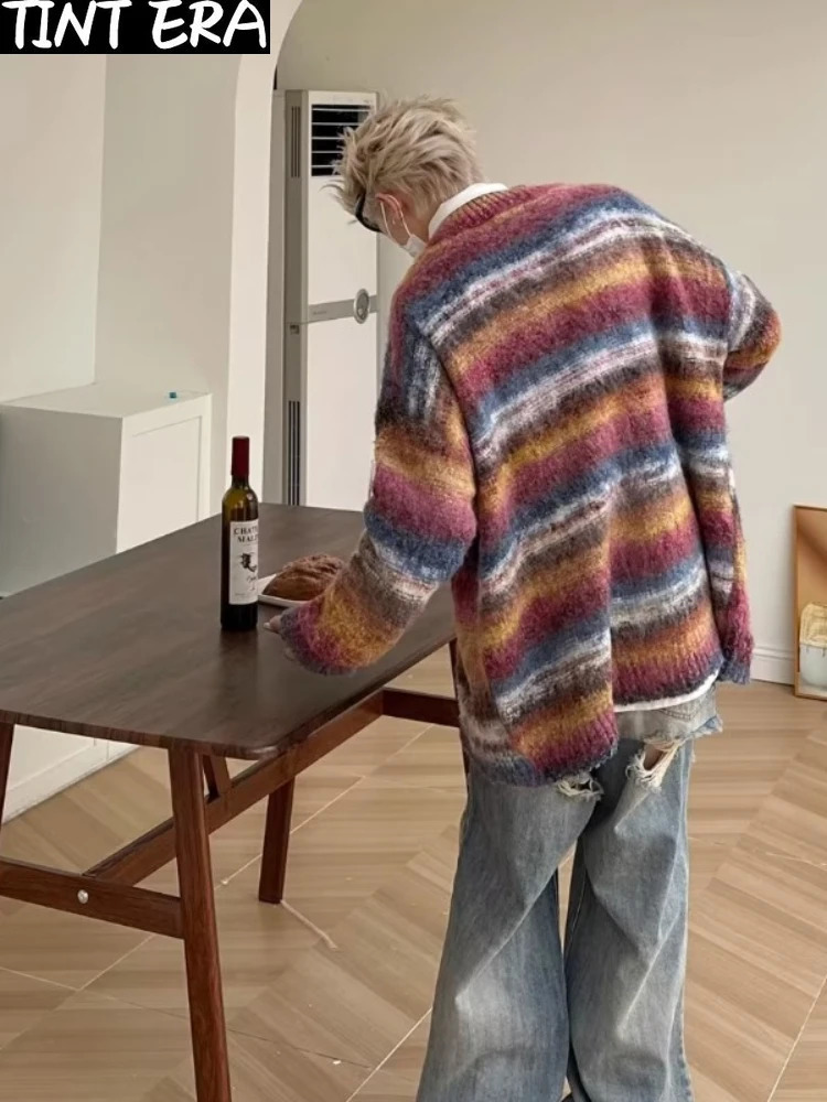 Striped Knitted Sweater Coat Men Japanese Y2K Oversize Casual Autumn Winter Loose V-Neck Cardigan for Men Rainbow Color 240906