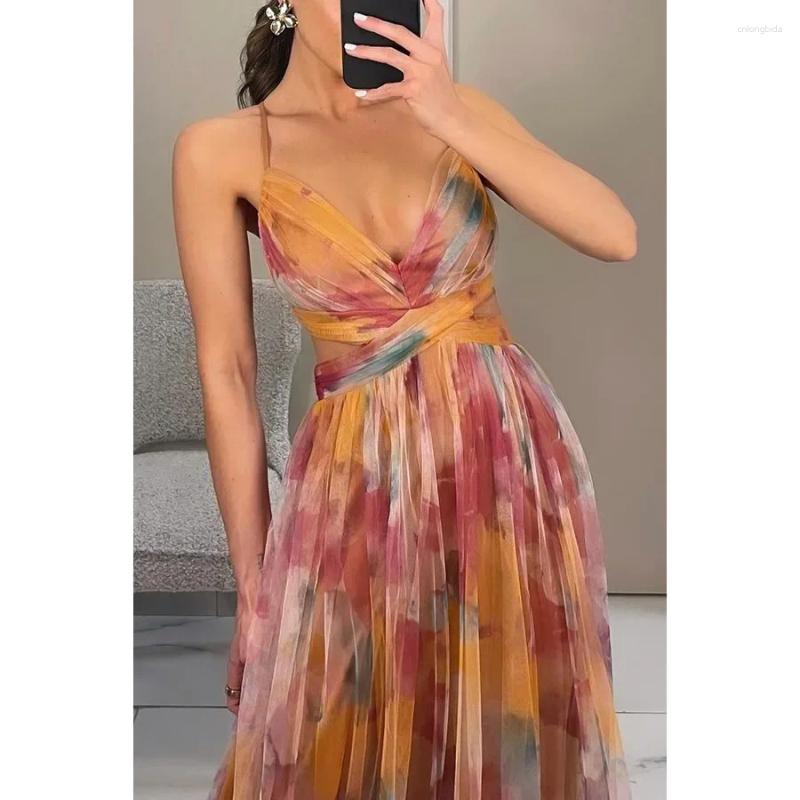 Casual Dresses Women's S-XL Size Spring Summer Mesh Printed Hanging Dress INS Holiday Leisure Party Fashion Slimming Versatile