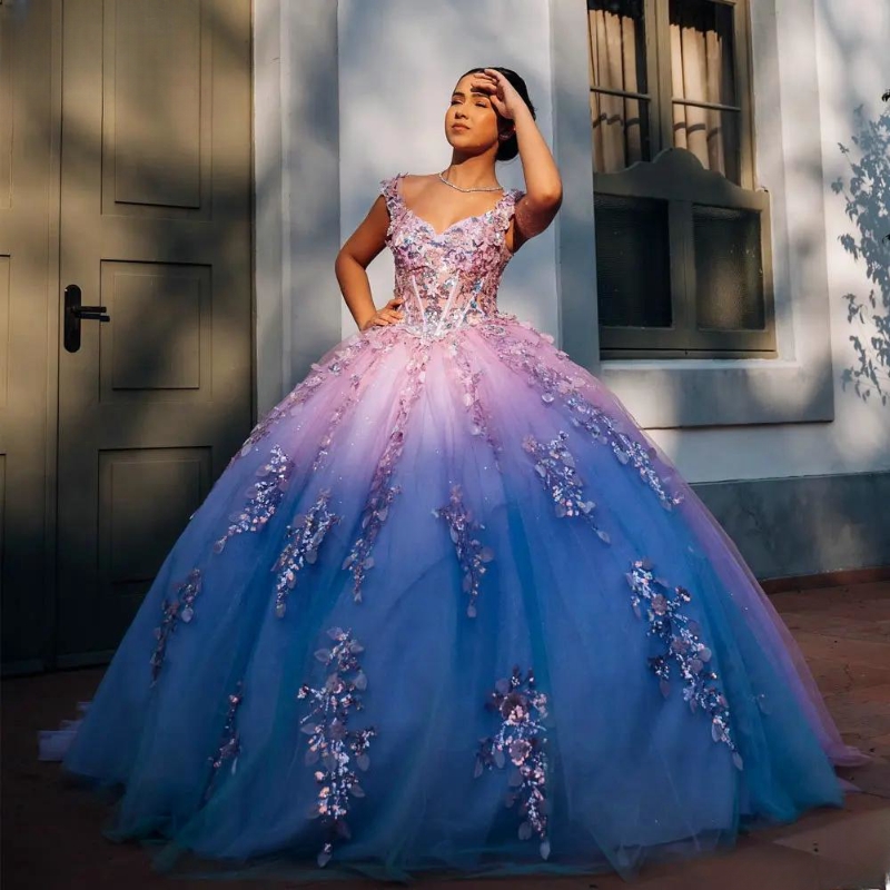 Lilac Illusion Sequined Appliques Lace Quinceanera Dresses Ball Gown 3D wers Tull Sweet 16 Dress Birthday Party Vestido De 15 Anos