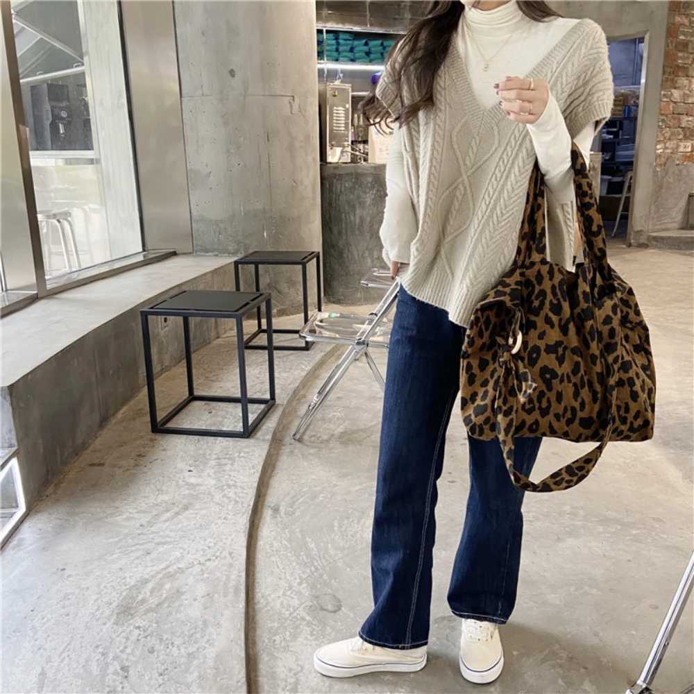 Female Ins Autumn and Winter Leopard Print Chic Korean Corduroy Shoulder Canvas Bag Shopping Tote Bag Womens Shopper Bag Bolsas Z240910