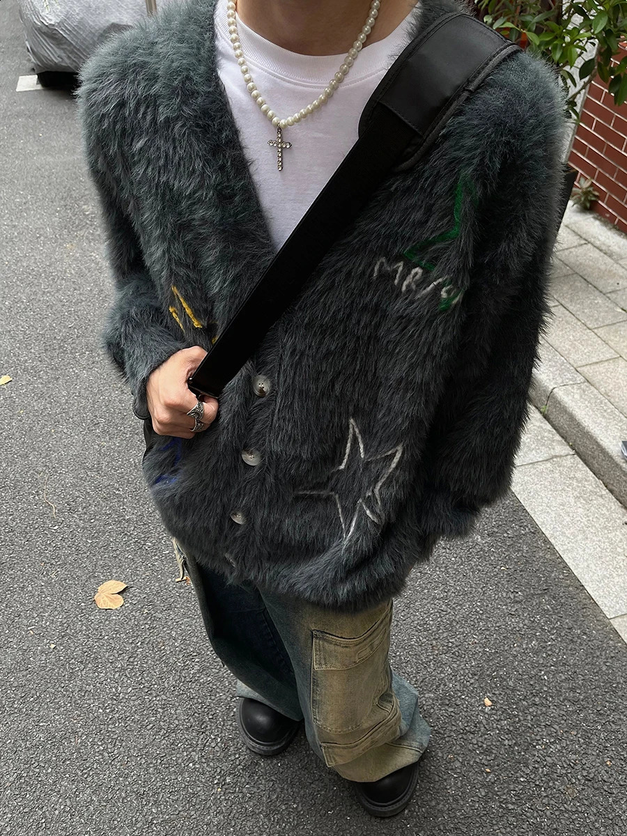 REDDACHiC Men Braided Star Mohair Sweater Jacket Gray V-neck Long Sleeves Knitted Cardigan Y2k Vintage Casual Autumn Winter Coat 240906