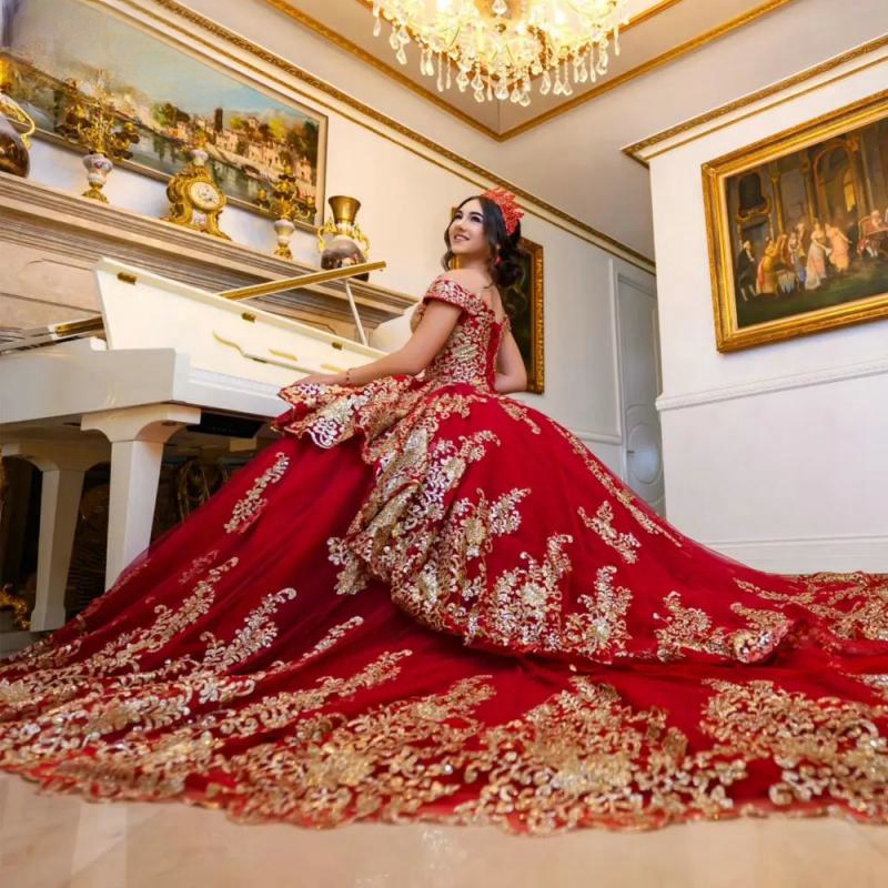 Red Pearls Beading Ruffles Quinceanera Dresses Ball Gown Gold Sequined Appliques Lace Sweet Birthday Party Vestido De 15 Anos