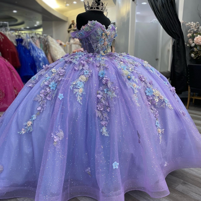 Lavender Princess Quinceanera Dresses Off the Shoulder Ball Gown Sweet 16 Dress Appliques Lace Tull Birthday Party Vestidos 15 De