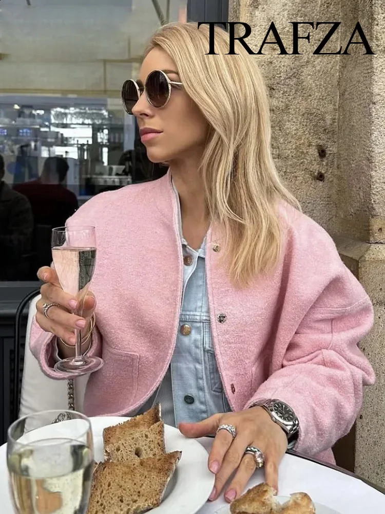 TRAFZA Autumn Winter Women Street Loose Bomber Jackets Woman Solid Lamb Wool Cotton Fur Long Sleeve Coat Fashion Thicken Jacket 240830