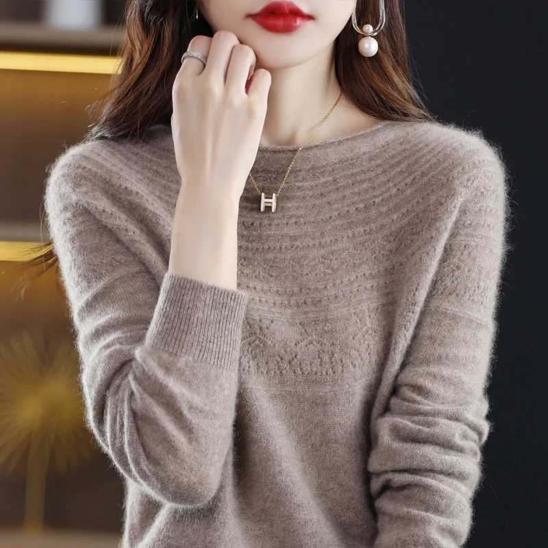 Fall/winter 100% wool single-thread ready-to-wear hollow womens pullover curled O-neck cashmere sweater knitted solid colorX240909