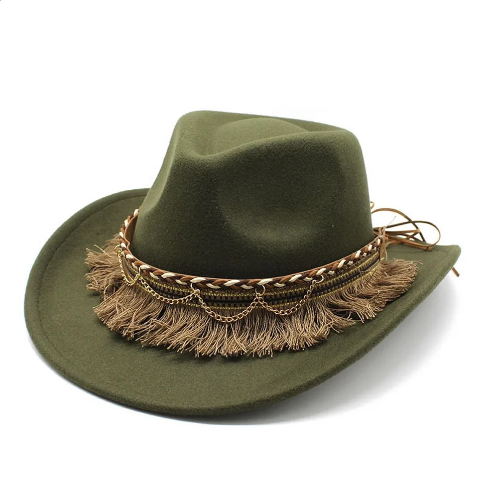 Womens and Mens Tassel Jazz Hat Wool 57-58cm Ethnic Style Curve Brim High Quality Cowboy Hat NZ0062 240909