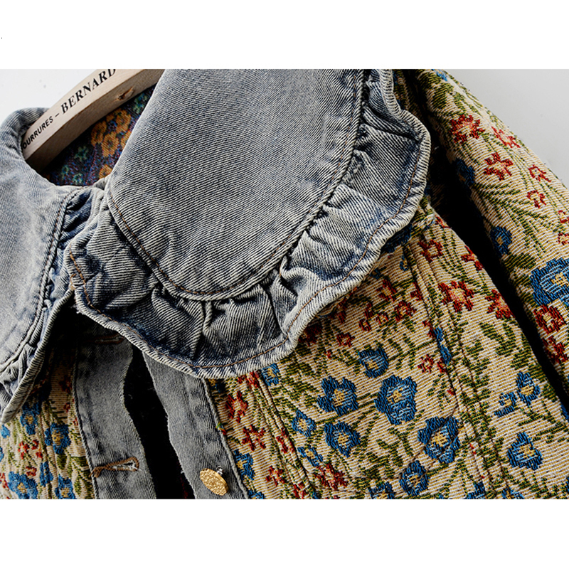 Spring Fashion Jacquard Embroidery Denim Jacket Women Loose Short Blue Cowboy Outwear Peter Pan Collar Jeans Jacket Coat Female
