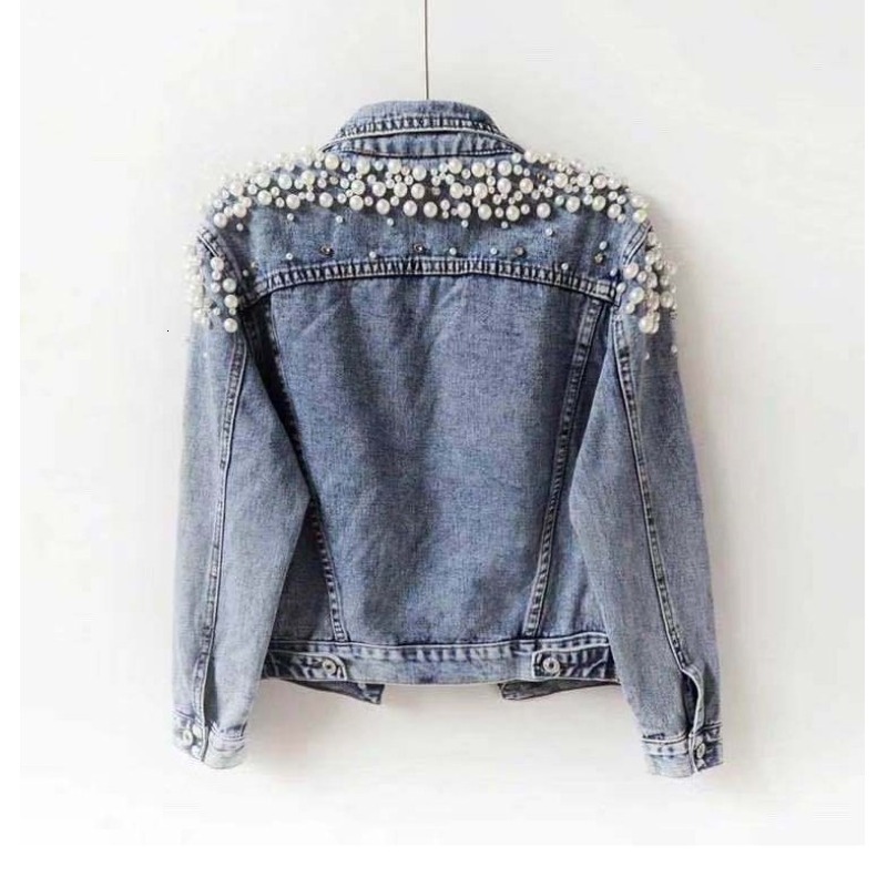 Spring and Autumn New Heavy Industry Beaded Denim Jacket Women's Short Long Sleeve Fashion Jacket Large Pearl Denim Jacket