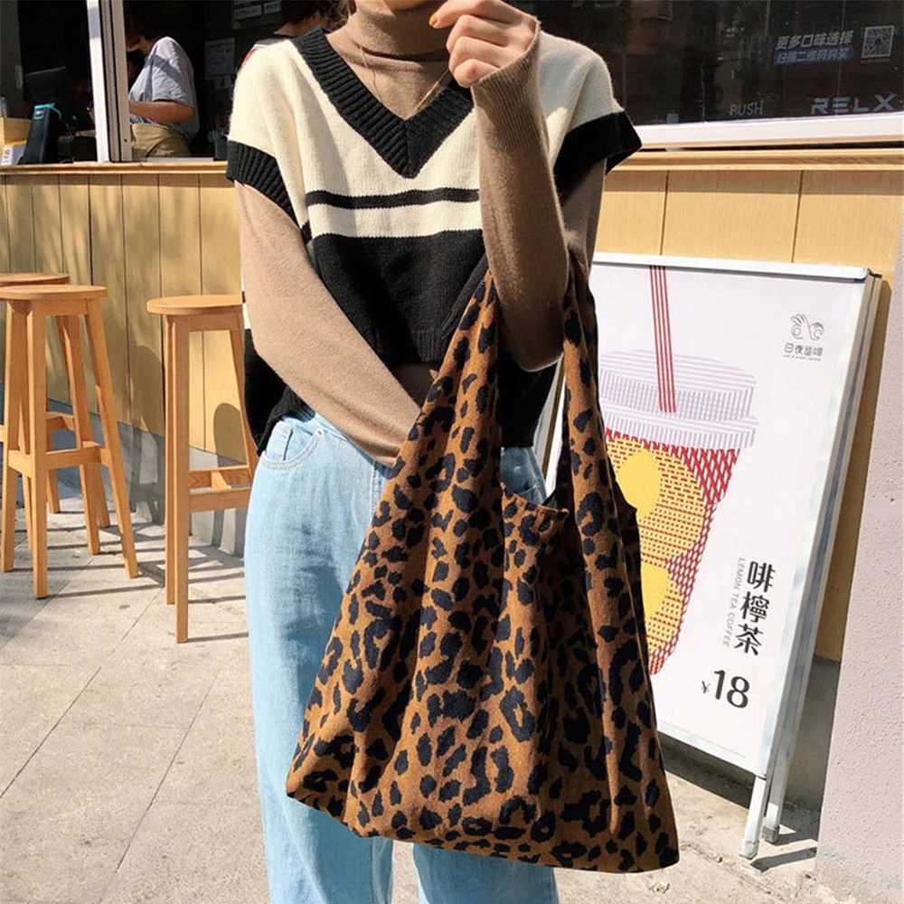 Female Ins Autumn and Winter Leopard Print Chic Korean Corduroy Shoulder Canvas Bag Shopping Tote Bag Womens Shopper Bag Bolsas Z240910