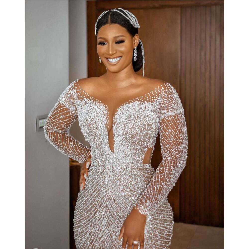 Beaded Wedding Dresses Mermaid Shape Sleeves With Long Train Champagne Aso Ebi Custom Made Bridal Gown