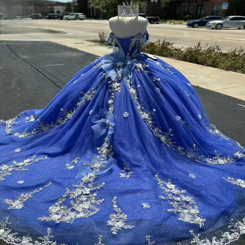 Blue Shiny Ball Gown Quinceanera Dresses Sparkly Off The Shoulder Appliques Lace 3D wers Beading Tull Sweet 16 Vestido De 15 Anos