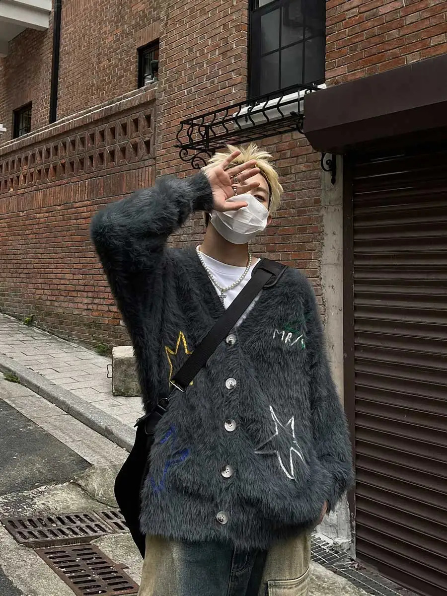 REDDACHiC Men Braided Star Mohair Sweater Jacket Gray V-neck Long Sleeves Knitted Cardigan Y2k Vintage Casual Autumn Winter Coat 240906