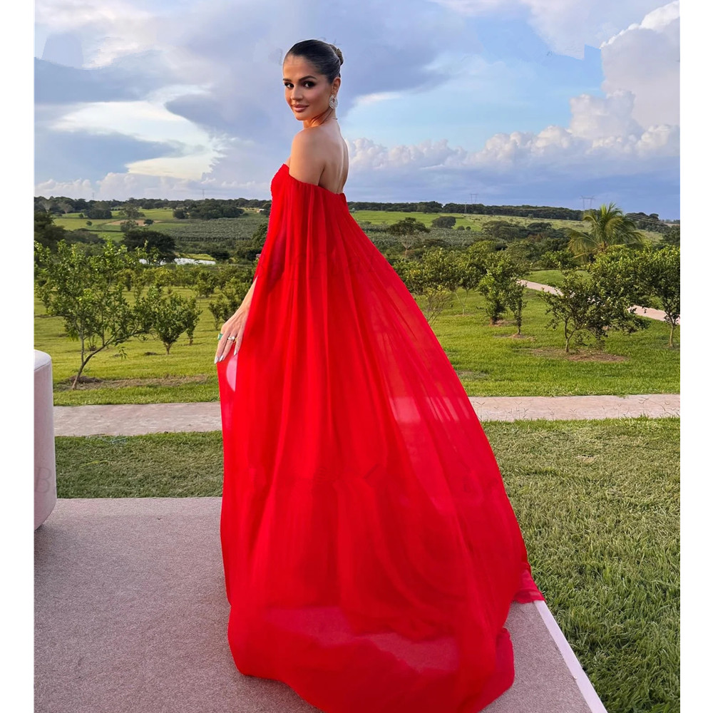 Red Chiffon Formal Prom Dresses Off The Shoulder Long Sleeves Special Occasion Event Party Gowns Evening Dress 2024