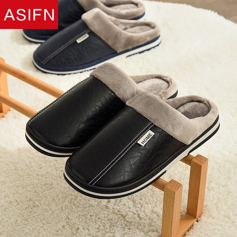 Mens Big Size Winter Slippers Home PU Leather Shoes for Men Indoor Waterproof Fur Cotton Male Bedroom Slipper Flat Houseshoes 240914