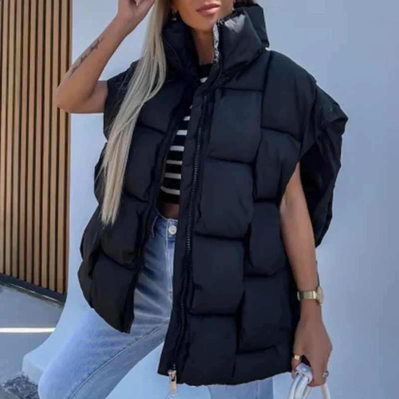 Fashionable Womens Zipper Stand Up Collar Padded Jacket Fashionable Warm Cotton Autumn Solid Sleeveless Vest 240910