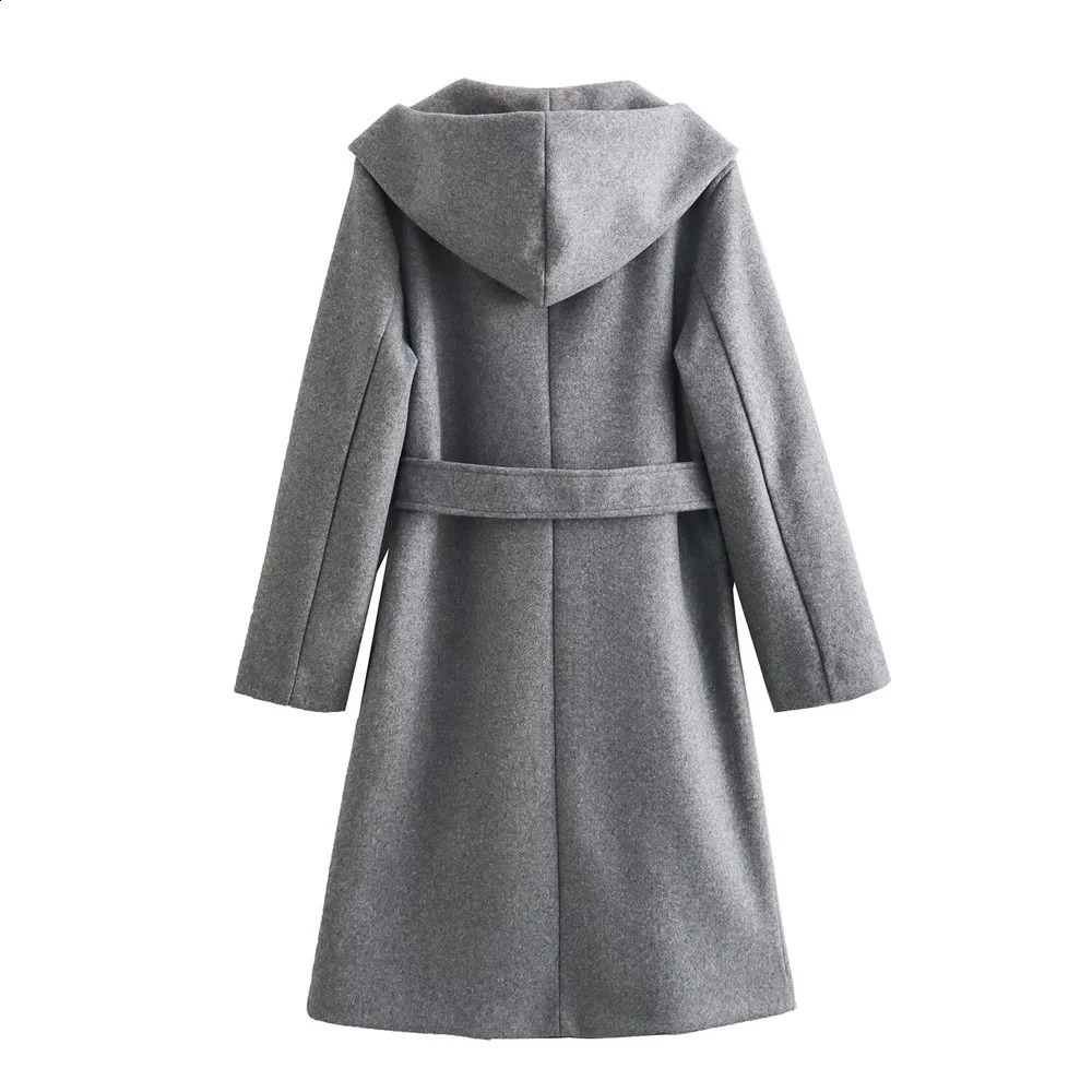 RARF autumn womens fashionable street style retro hooded woolen coat with belt cardigan long jacket 240904