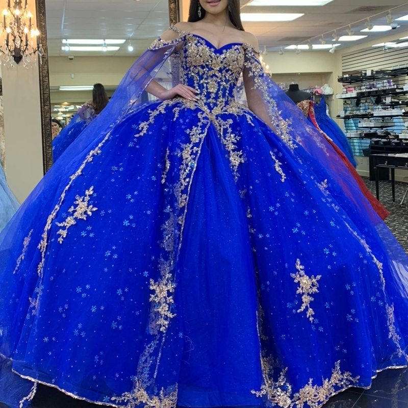 Royal Blue Shiny Quinceanera Dresses With Cape Ball Gown Sweetheart Gold Applique Beading Tulle Lace-Up Party Princess Sweet 16 Dress